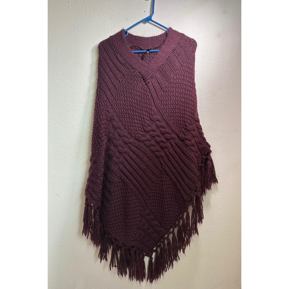 Torrid Burgundy Cable Knit Fringe Poncho V-Neck Sweater One Size O/S 12067533